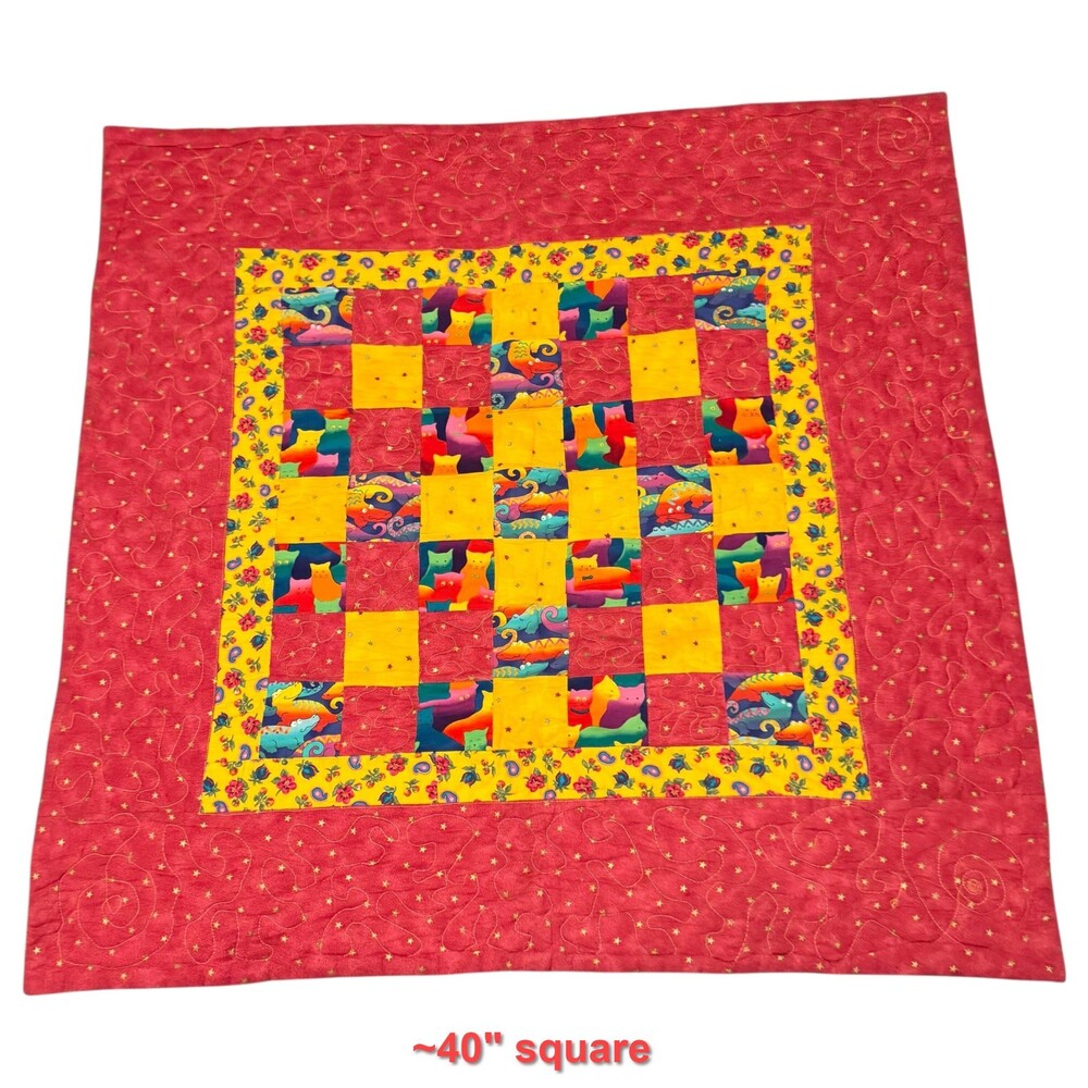 Baby Quilt Blanket 40" Square Handmade Patchwork Teddy Bears Cats Crocodiles Red
